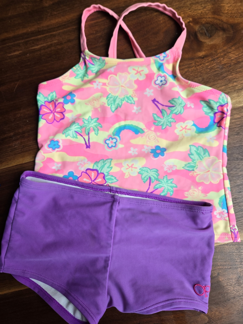 Girls Pink Tropical Tankini Top with Purple Swim Shorts